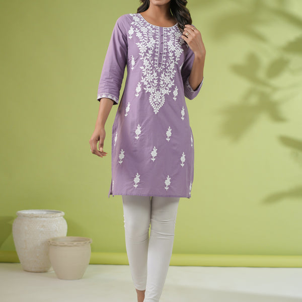 Janasya Lavender Cambric Embroidered Tunic - Distacart