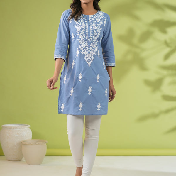 Janasya Straight Cambric Blue Embroidered Round Neck Tunic - Distacart