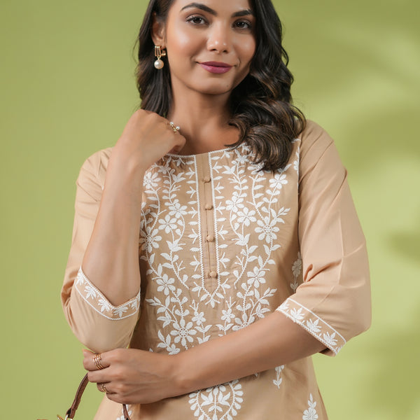 Janasya Straight Cambric Beige Embroidered Round Neck Tunic - Distacart