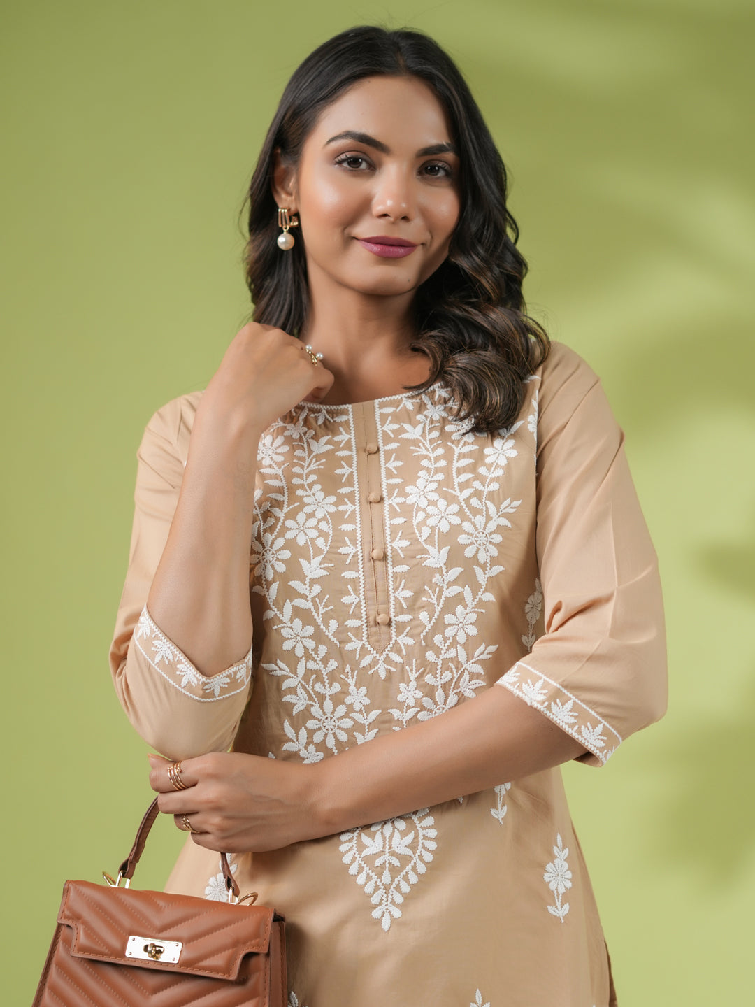 Janasya Straight Cambric Beige Embroidered Round Neck Tunic - Distacart