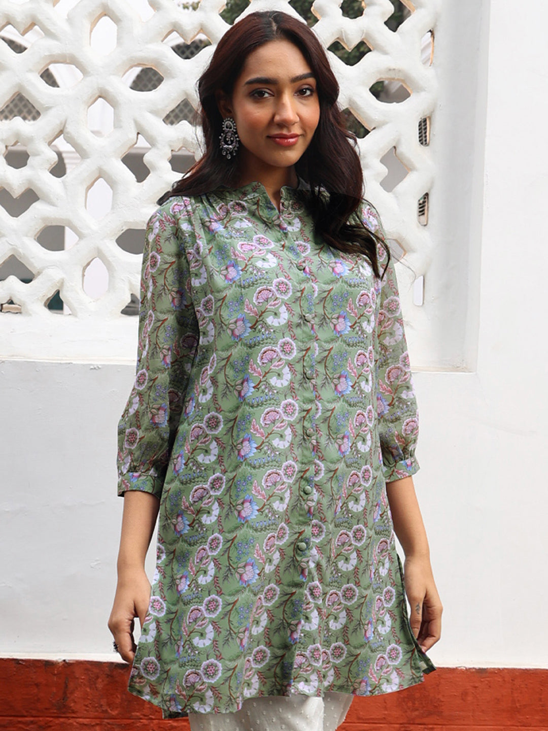 Janasya Regular Weightless Georgette Sage Floral Band Collar Tunic - Distacart
