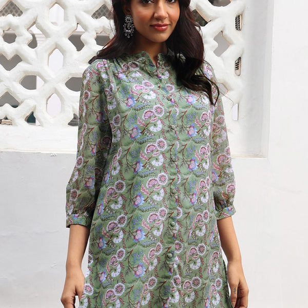 Janasya Regular Weightless Georgette Sage Floral Band Collar Tunic - Distacart