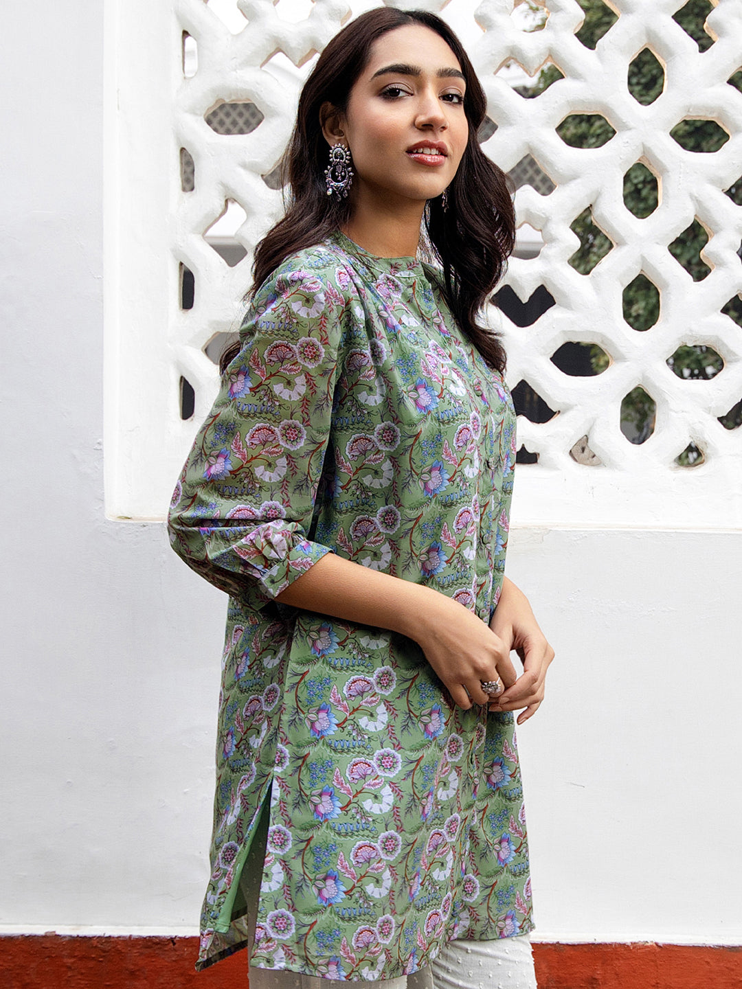 Janasya Regular Weightless Georgette Sage Floral Band Collar Tunic - Distacart