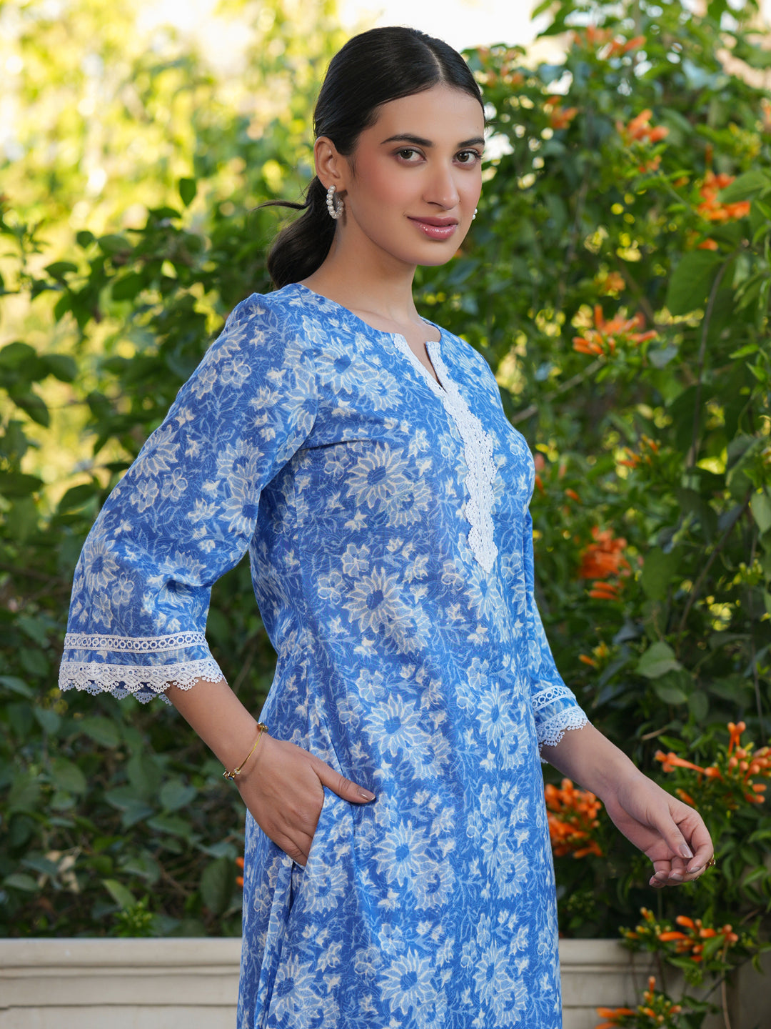 Janasya Light Cotton Floral Straight Top & Bottom Set