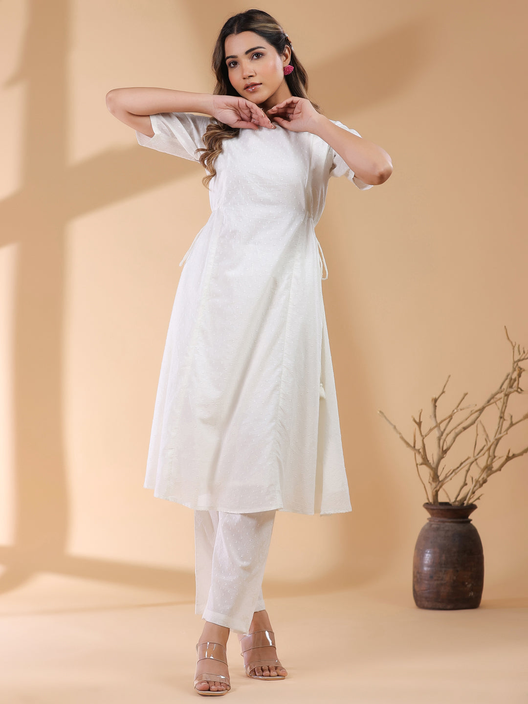 Janasya Light Dobby Cotton Self Design A-Line Kurta Set