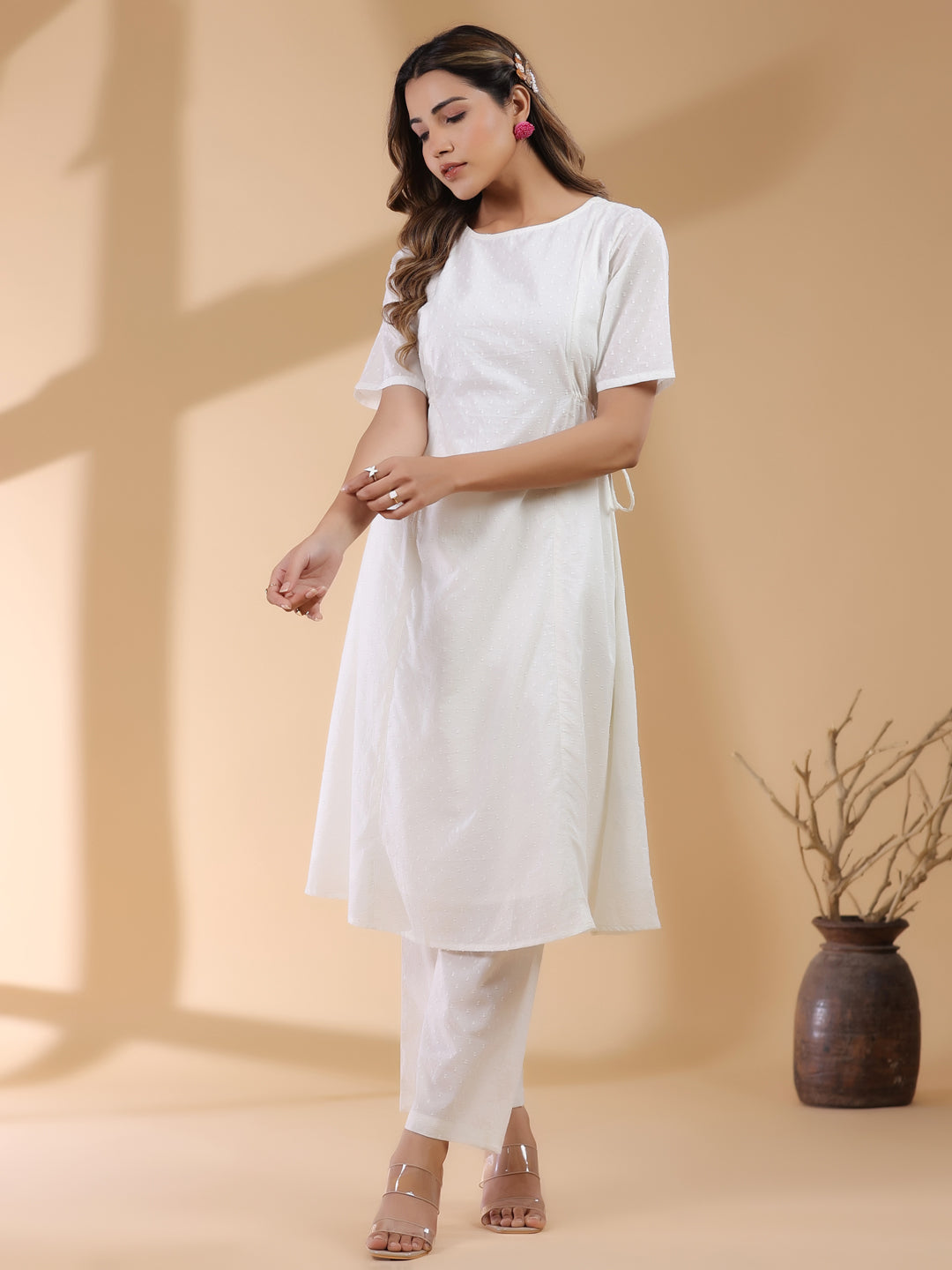 Janasya Light Dobby Cotton Self Design A-Line Kurta Set
