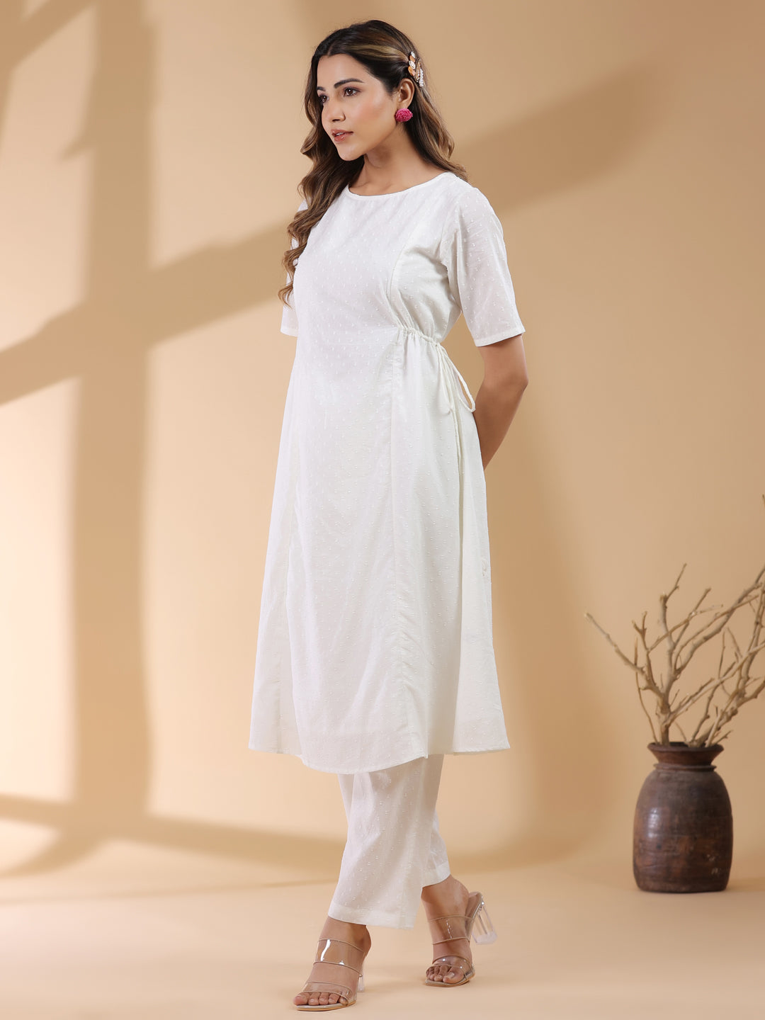 Janasya Light Dobby Cotton Self Design A-Line Kurta Set