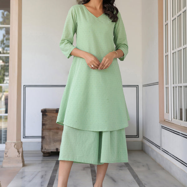 Janasya Light Dobby Cotton Self Design A-Line Top & Bottom Set