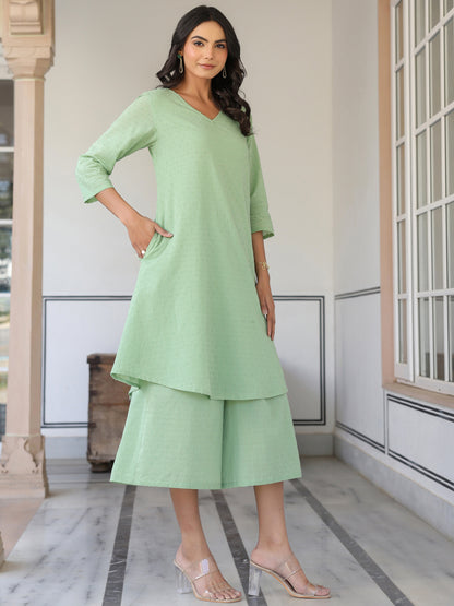 Janasya Light Dobby Cotton Self Design A-Line Top & Bottom Set - Distacart