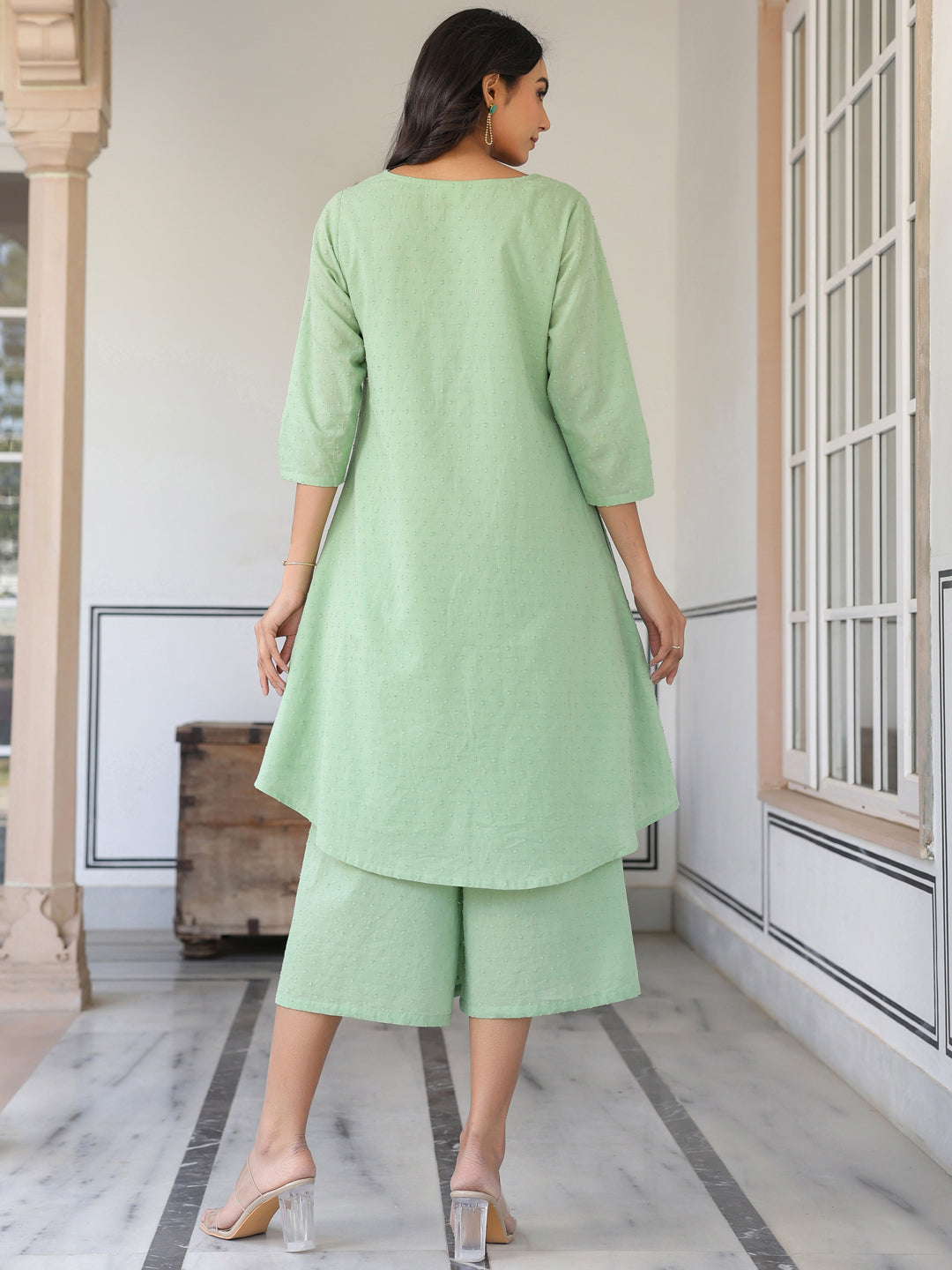 Janasya Light Dobby Cotton Self Design A-Line Top & Bottom Set