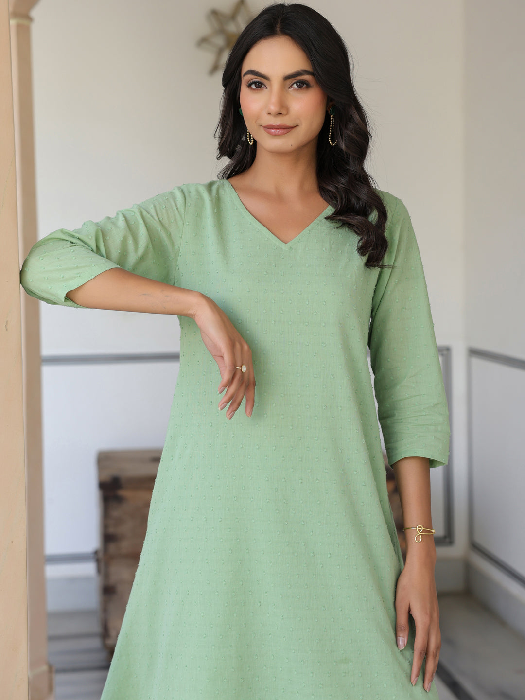 Janasya Light Dobby Cotton Self Design A-Line Top & Bottom Set
