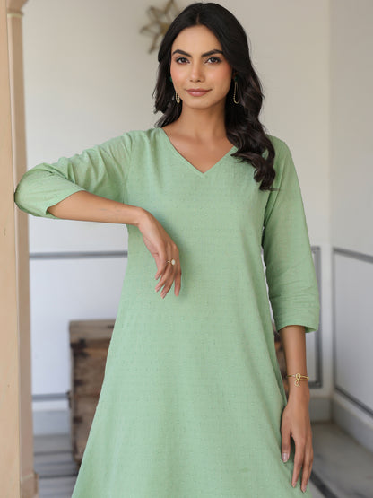 Janasya Light Dobby Cotton Self Design A-Line Top & Bottom Set - Distacart