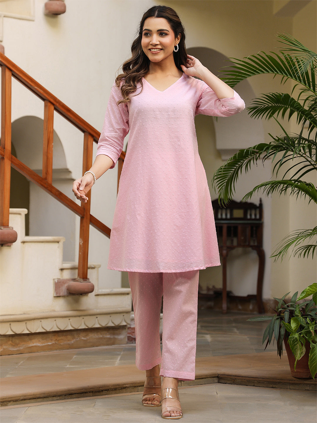 Janasya Light Dobby Cotton Self Design A-Line Top & Bottom Set