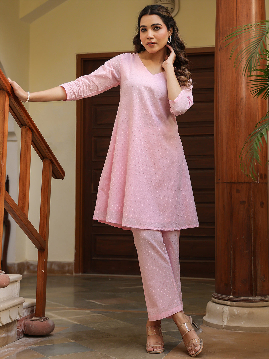 Janasya Light Dobby Cotton Self Design A-Line Top & Bottom Set