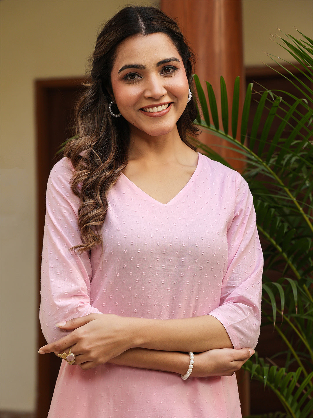 Janasya Light Dobby Cotton Self Design A-Line Top & Bottom Set