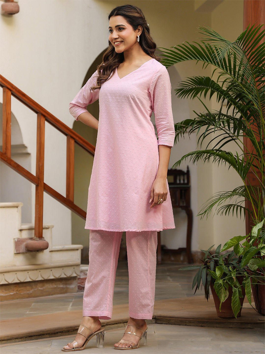 Janasya Light Dobby Cotton Self Design A-Line Top & Bottom Set