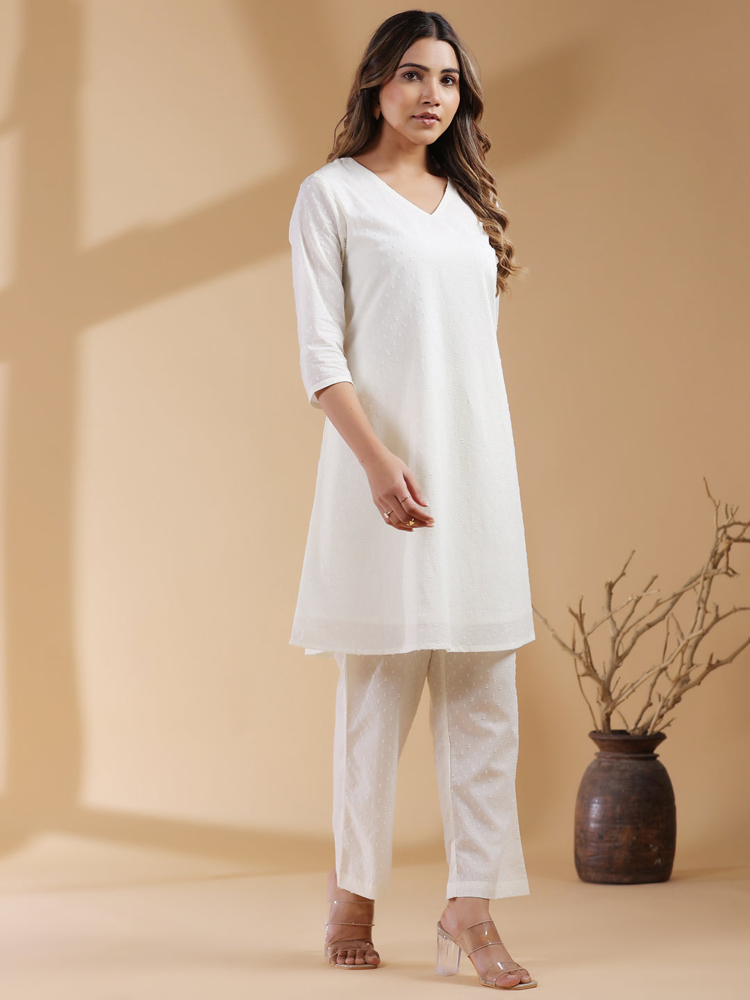 Janasya Off White Dobby Cotton Self Design A-Line Kurta Set
