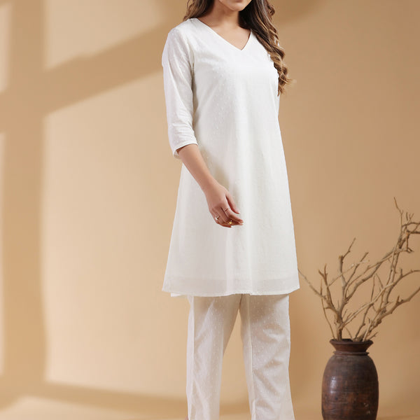 Janasya Off White Dobby Cotton Self Design A-Line Kurta Set