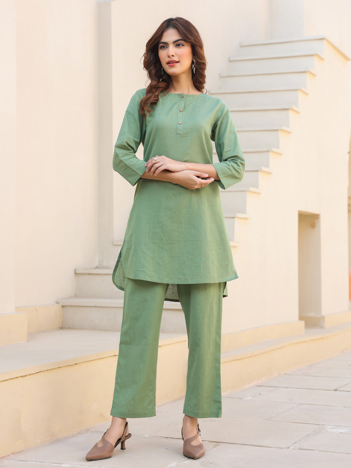 Janasya Dark Cotton Solid A-Line Top & Bottom Set