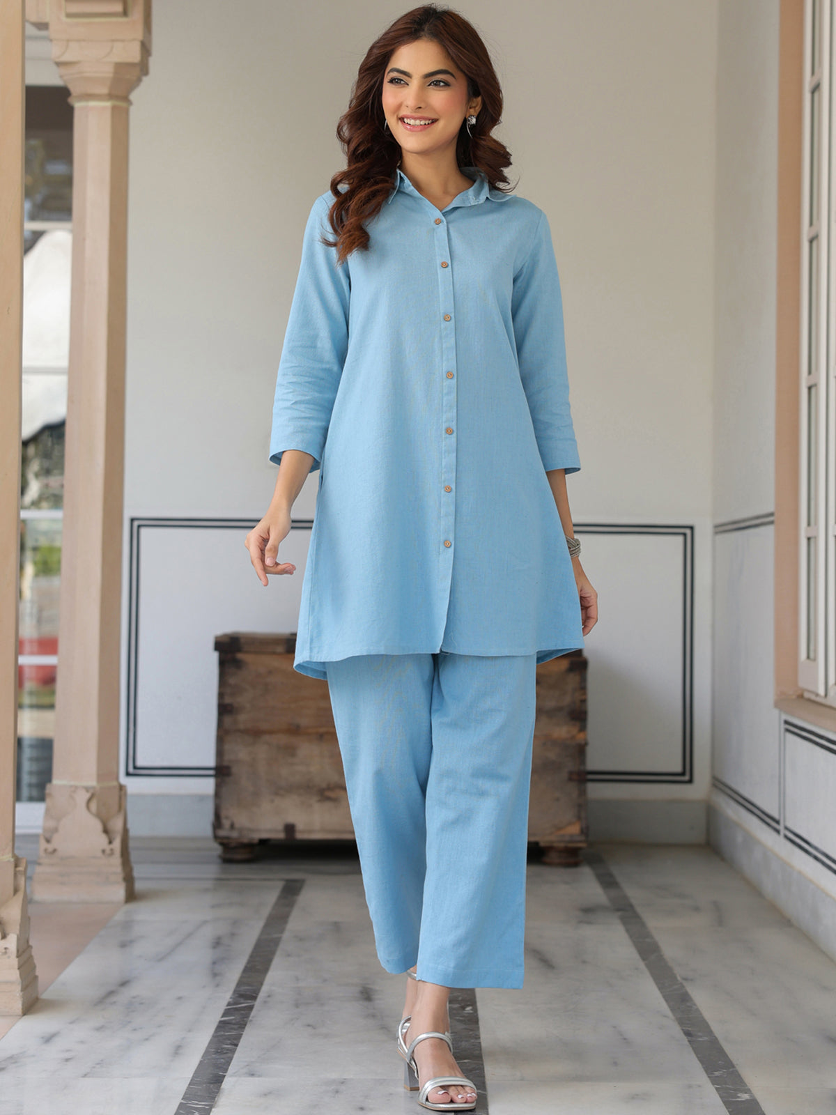 Janasya Light Cotton Solid Straight Top & Bottom Set