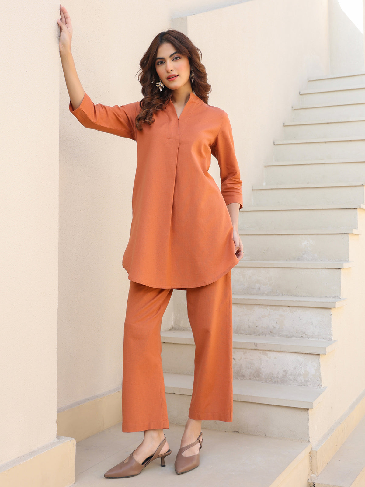 Janasya Dark Cotton Solid A-Line Top & Bottom Set