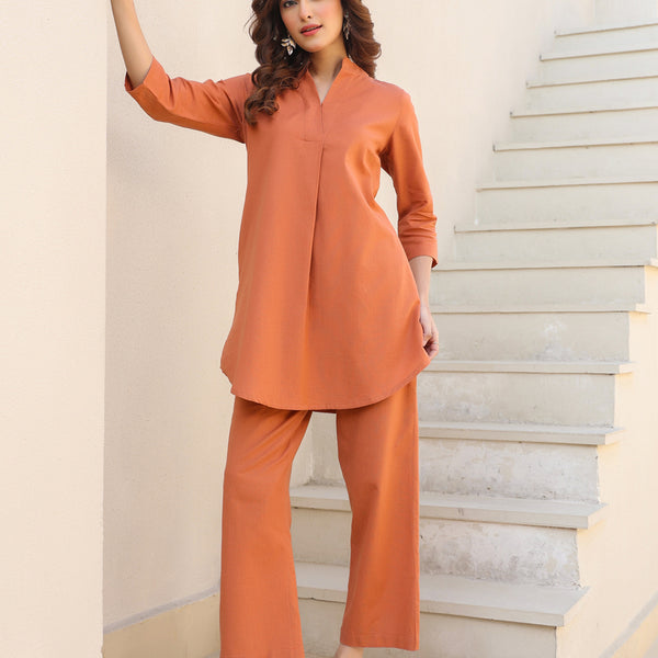 Janasya Dark Cotton Solid A-Line Top & Bottom Set