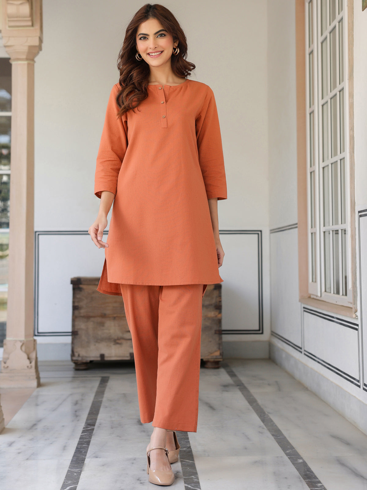 Janasya Dark Cotton Solid A-Line Top & Bottom Set