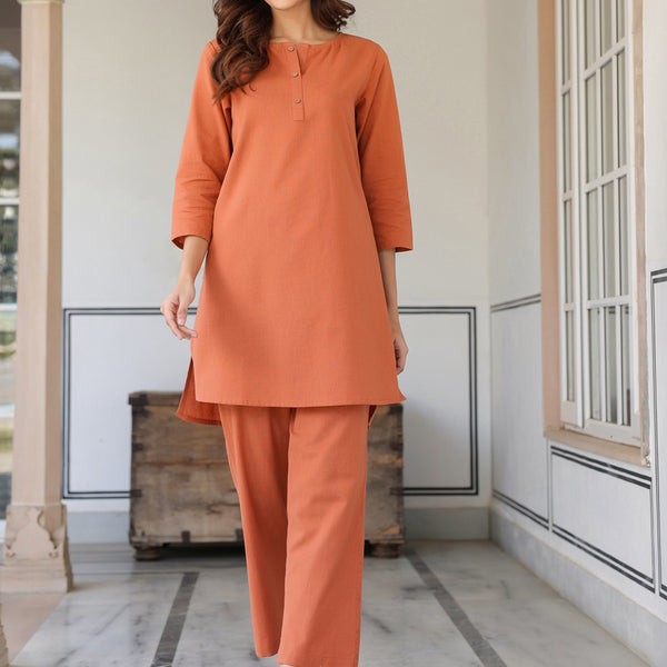 Janasya Dark Cotton Solid A-Line Top & Bottom Set