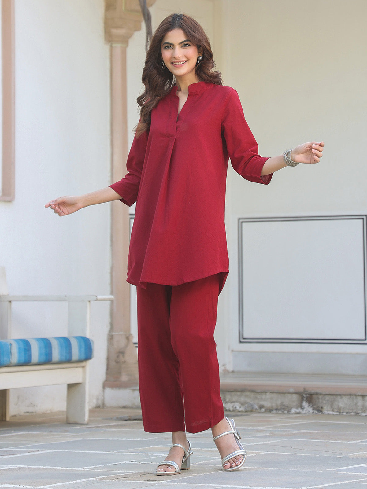 Janasya Dark Cotton Solid A-Line Top & Bottom Set
