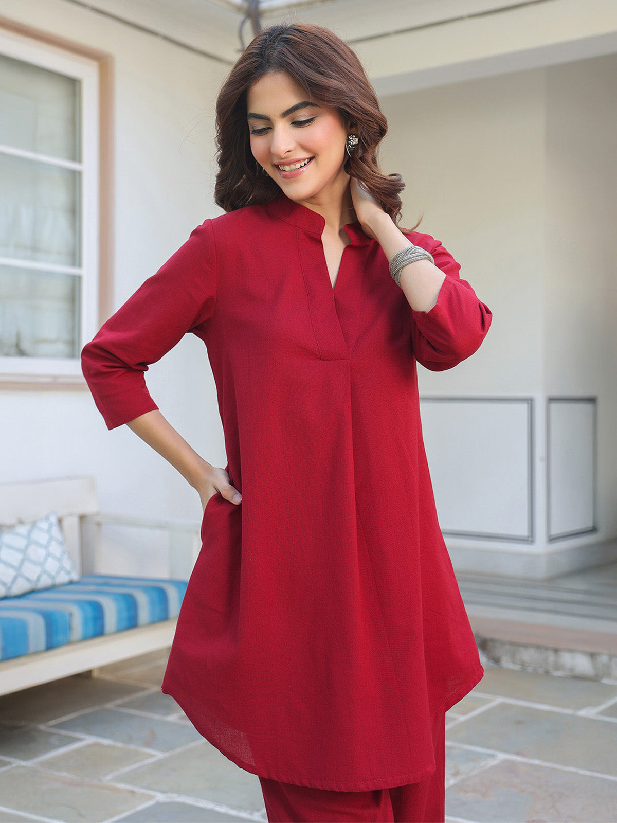 Janasya Dark Cotton Solid A-Line Top & Bottom Set