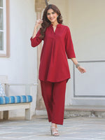 Thumbnail for Janasya Dark Cotton Solid A-Line Top & Bottom Set