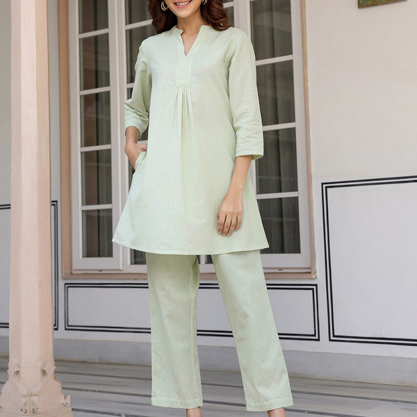 Janasya Light Cotton Solid A-Line Top & Bottom Set