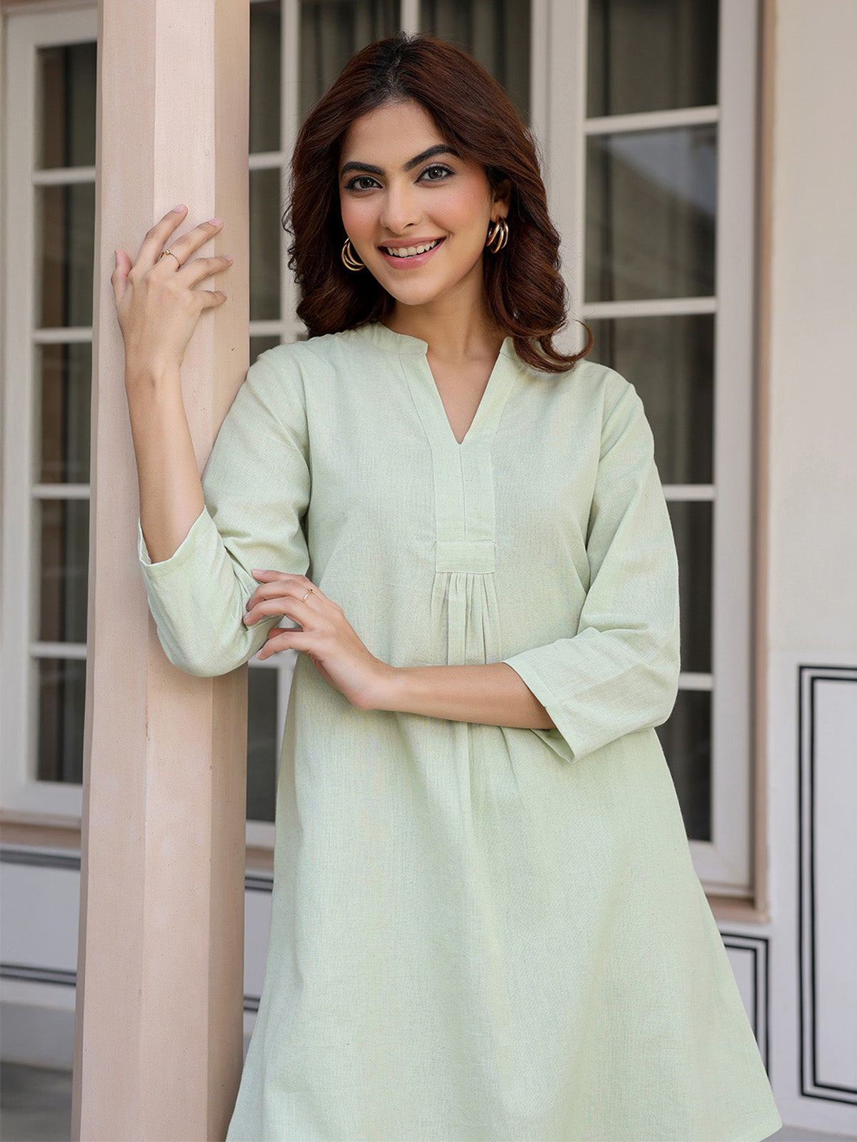 Janasya Light Cotton Solid A-Line Top & Bottom Set