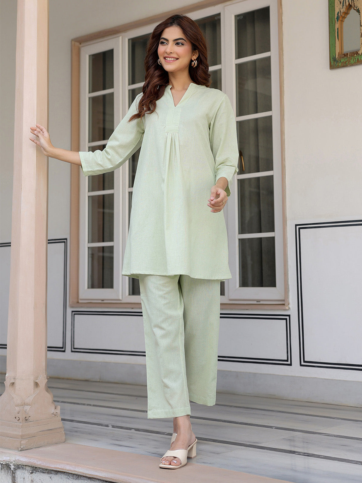 Janasya Light Cotton Solid A-Line Top & Bottom Set
