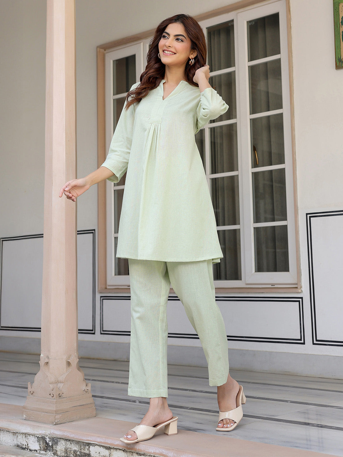 Janasya Light Cotton Solid A-Line Top & Bottom Set