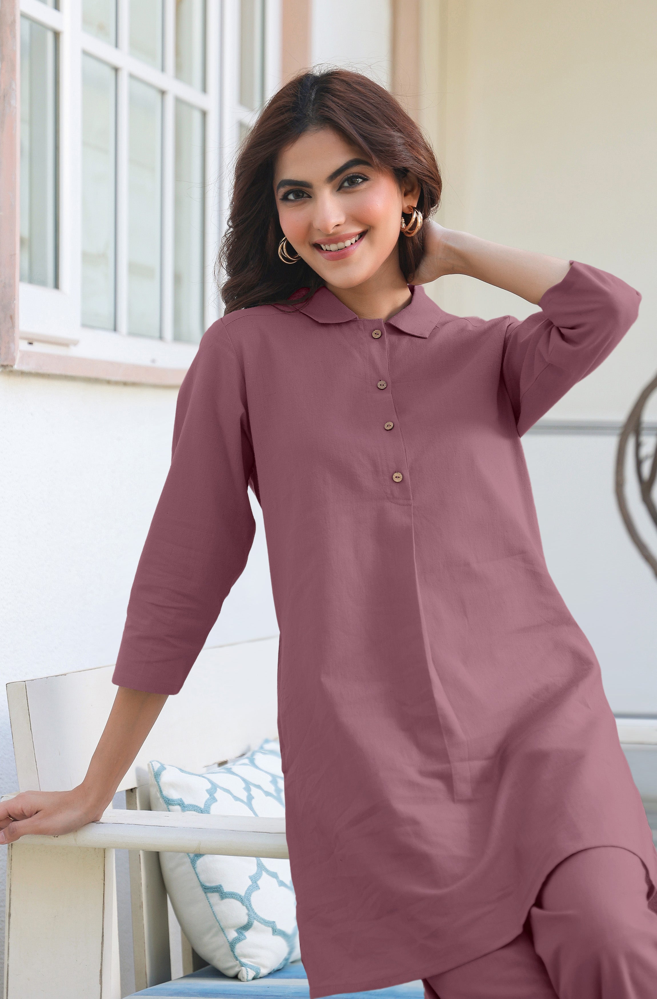 Janasya Light Cotton Solid A-Line Top & Bottom Set