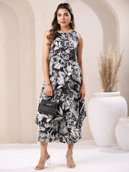 Janasya Dark Rayon Floral A-Line Top & Bottom Set