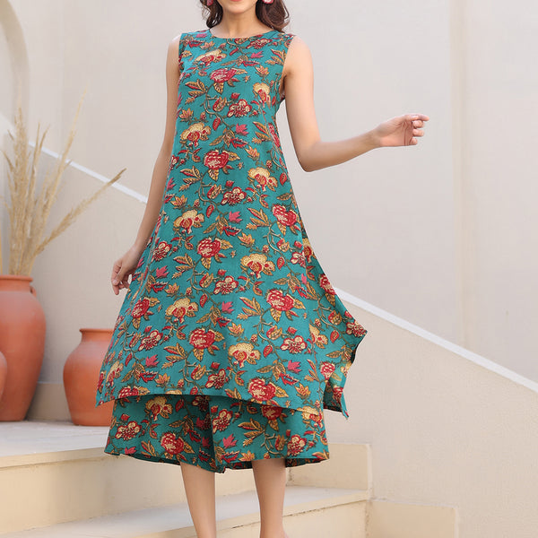 Janasya Dark Rayon Floral A-Line Top & Bottom Set