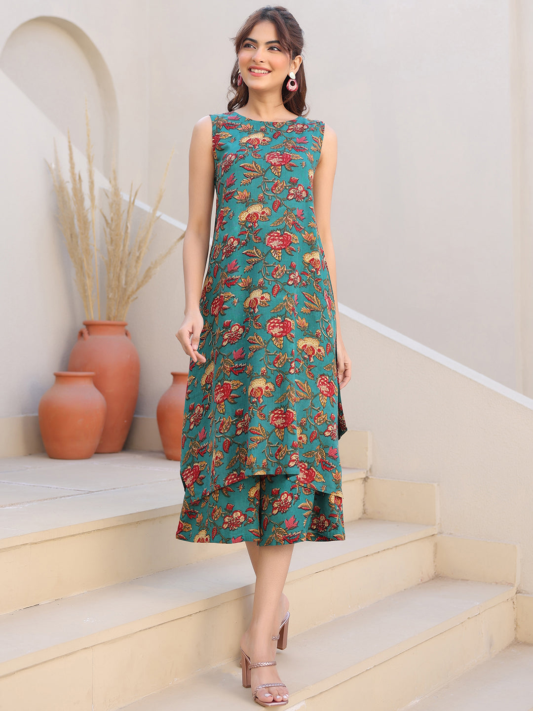 Janasya Dark Rayon Floral A-Line Top & Bottom Set