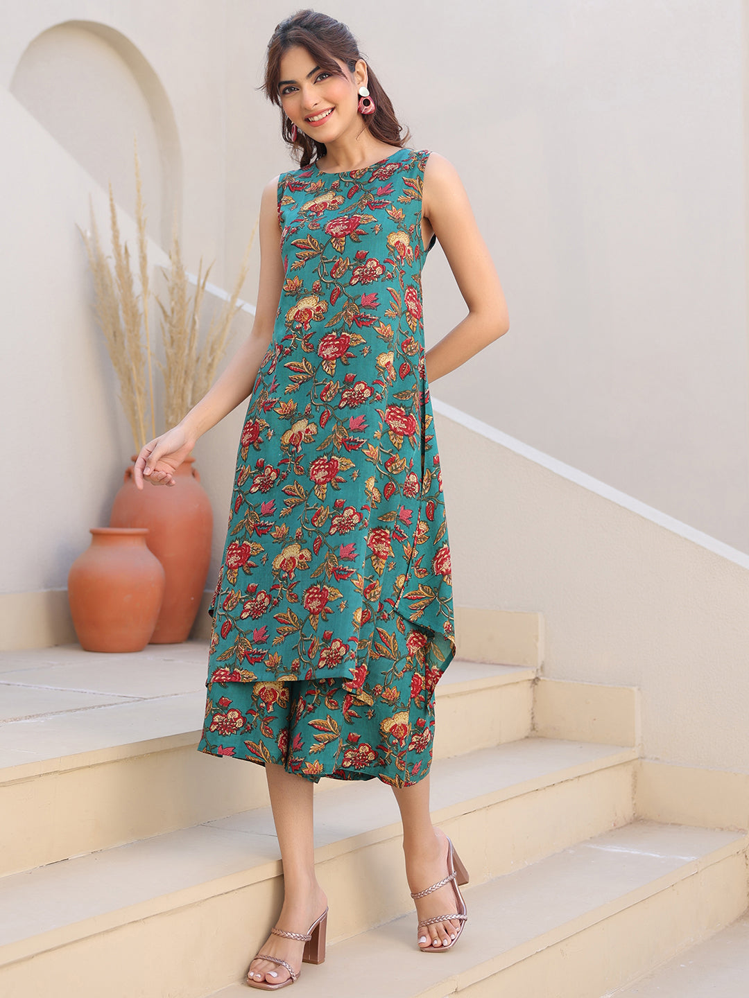 Janasya Dark Rayon Floral A-Line Top & Bottom Set