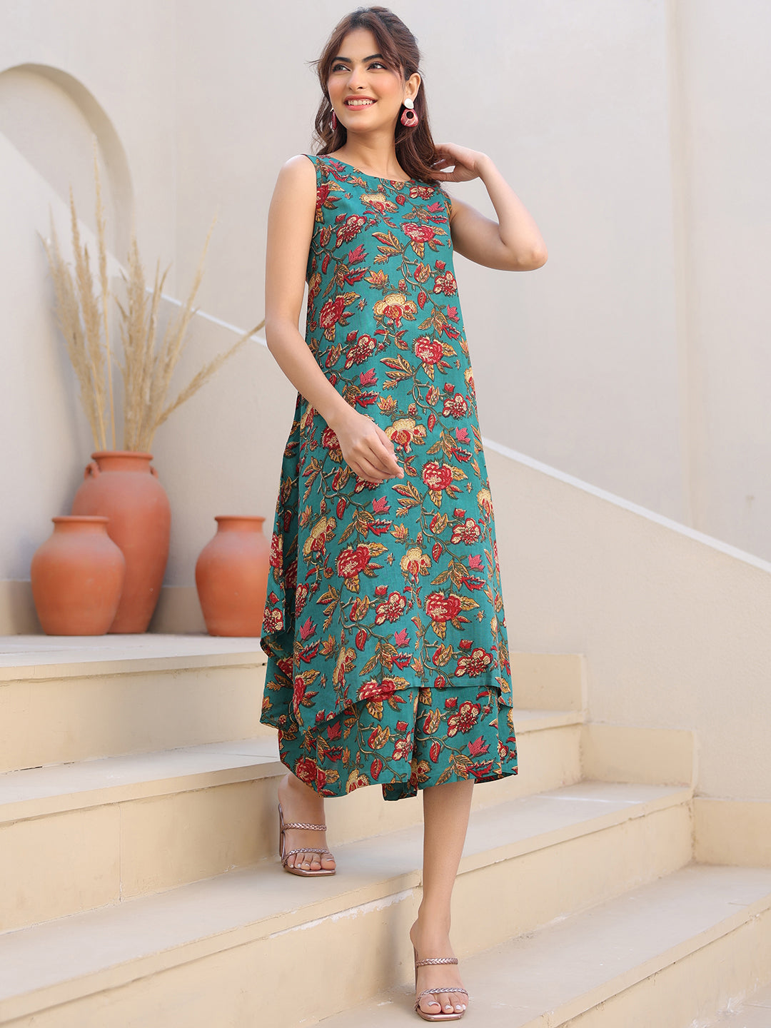 Janasya Dark Rayon Floral A-Line Top & Bottom Set