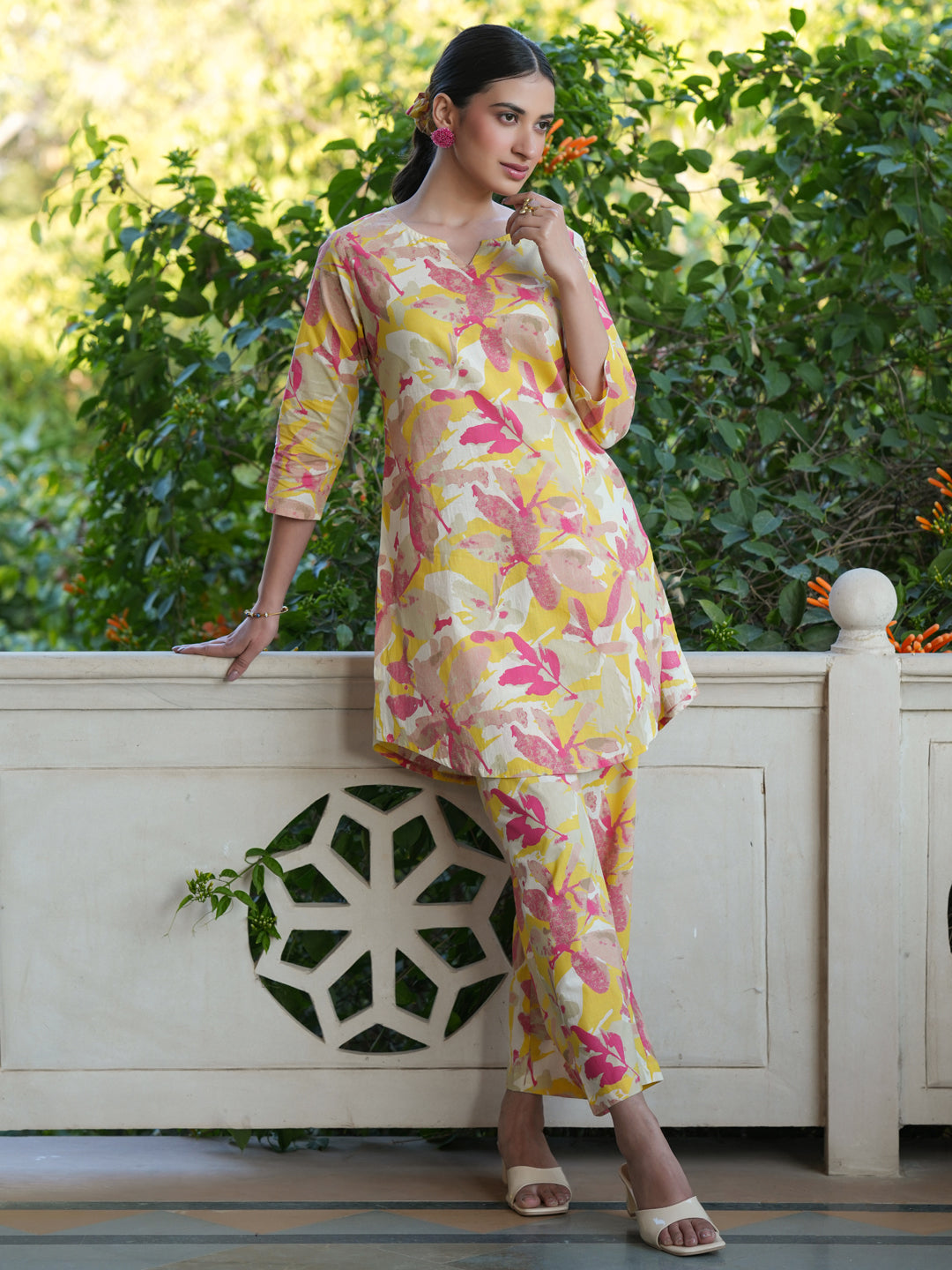 Janasya Bright Cotton Floral Straight Top & Bottom Set