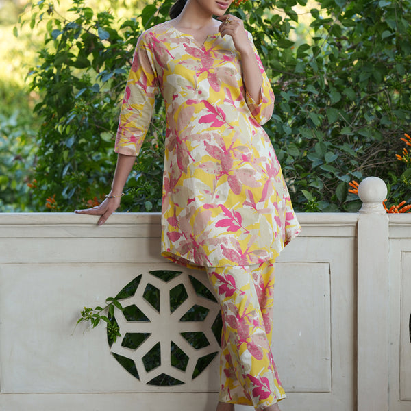 Janasya Bright Cotton Floral Straight Top & Bottom Set