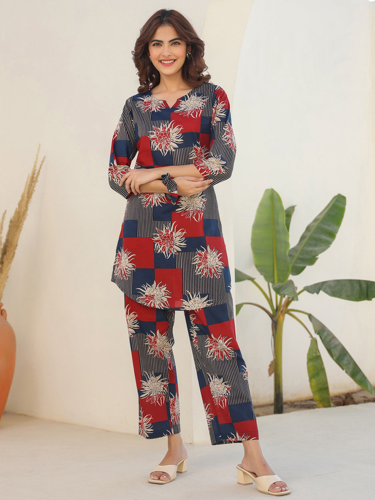 Janasya Dark Cotton Geometric Straight Top & Bottom Set