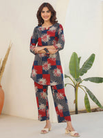 Thumbnail for Janasya Dark Cotton Geometric Straight Top & Bottom Set