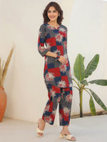 Thumbnail for Janasya Dark Cotton Geometric Straight Top & Bottom Set