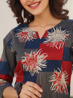 Thumbnail for Janasya Dark Cotton Geometric Straight Top & Bottom Set