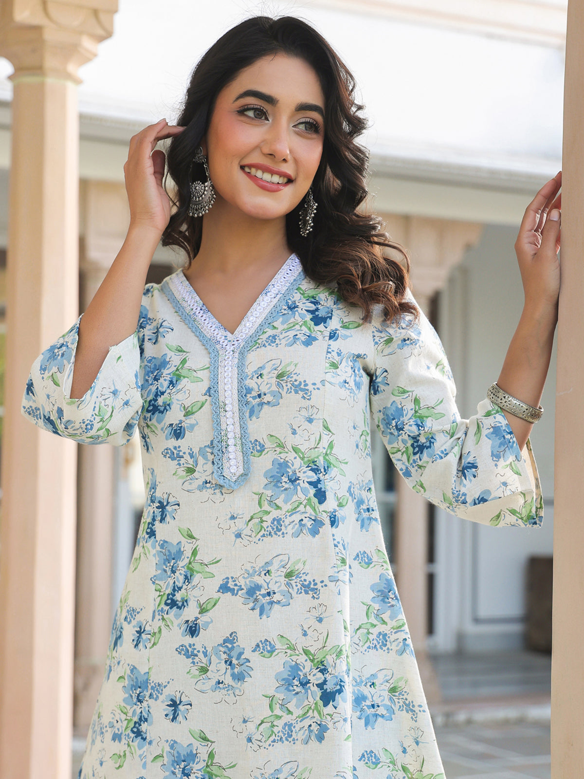 Janasya Light Cotton Yoke Embroidery A-Line Top & Bottom Set