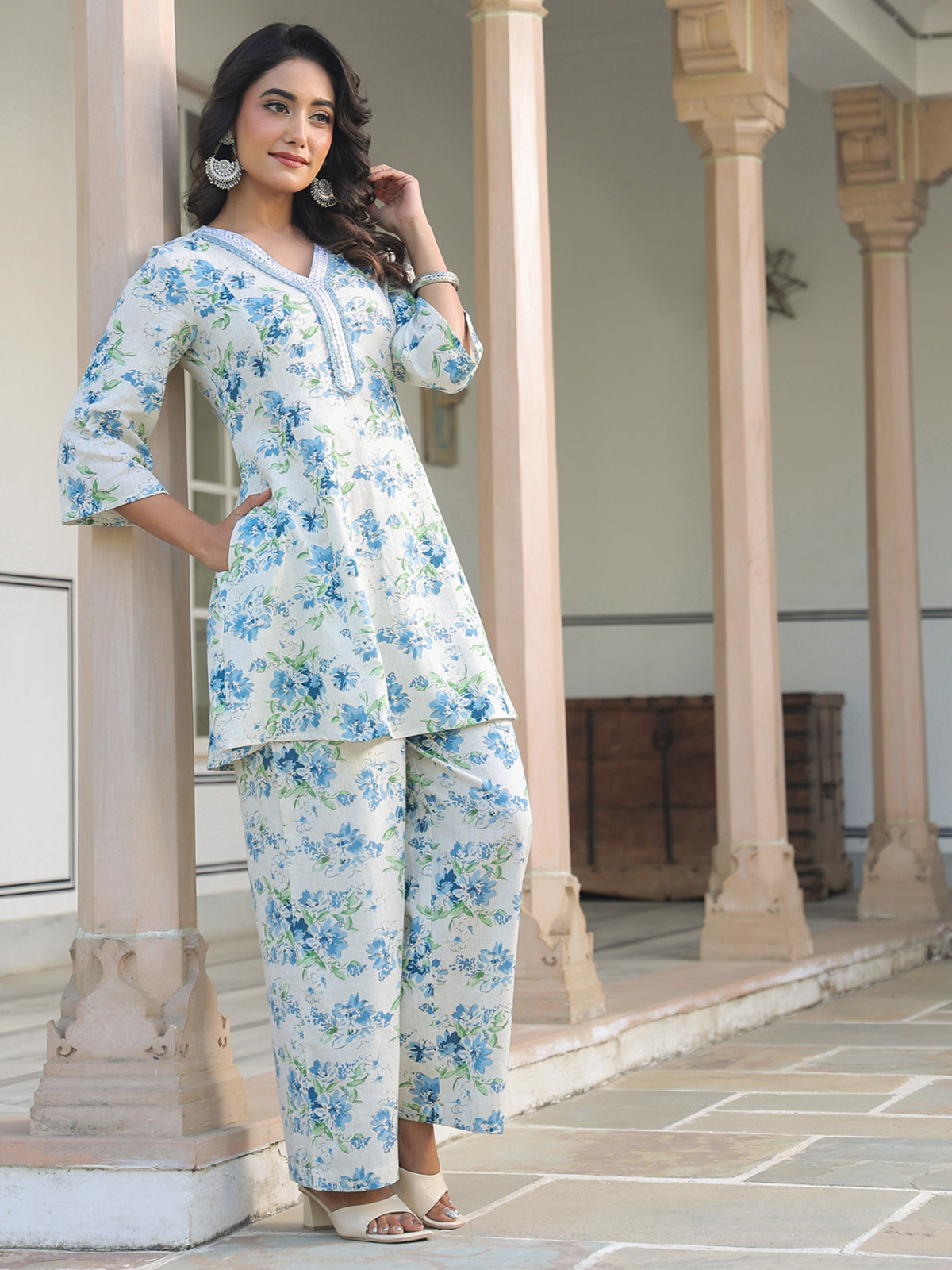 Janasya Light Cotton Yoke Embroidery A-Line Top & Bottom Set