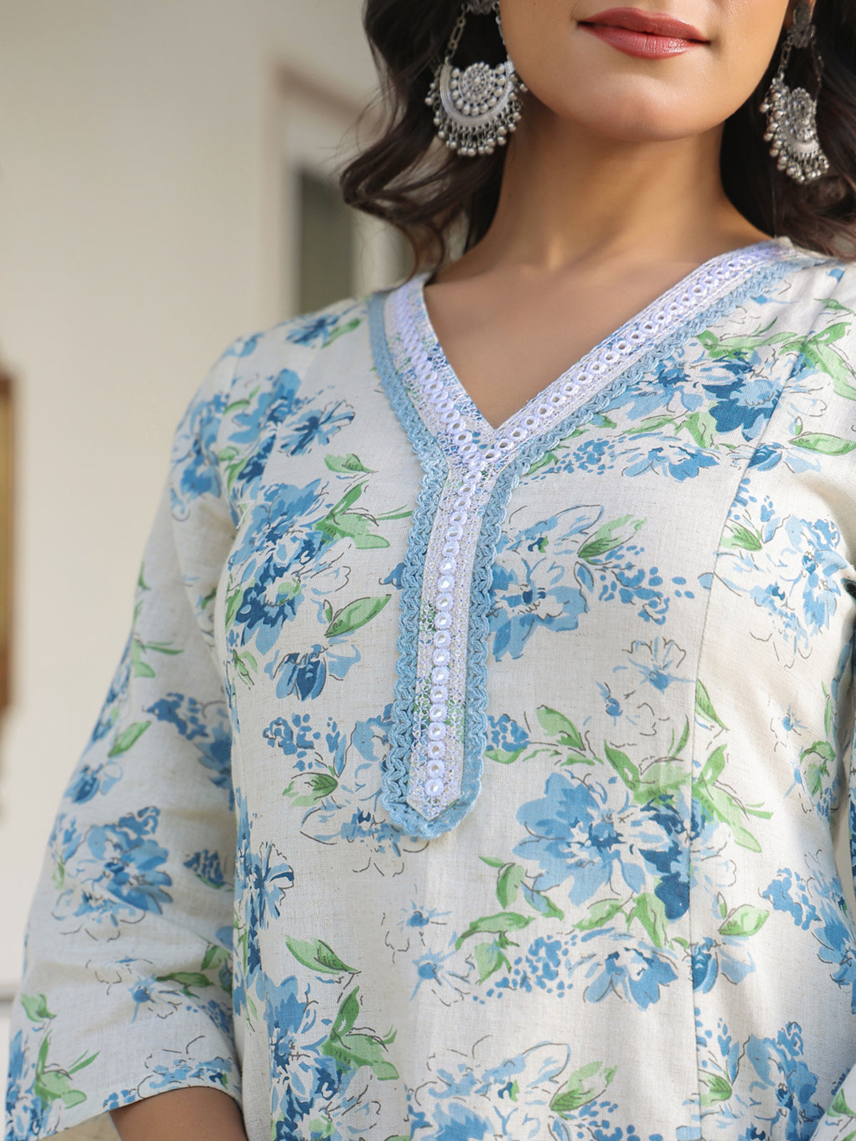 Janasya Light Cotton Yoke Embroidery A-Line Top & Bottom Set